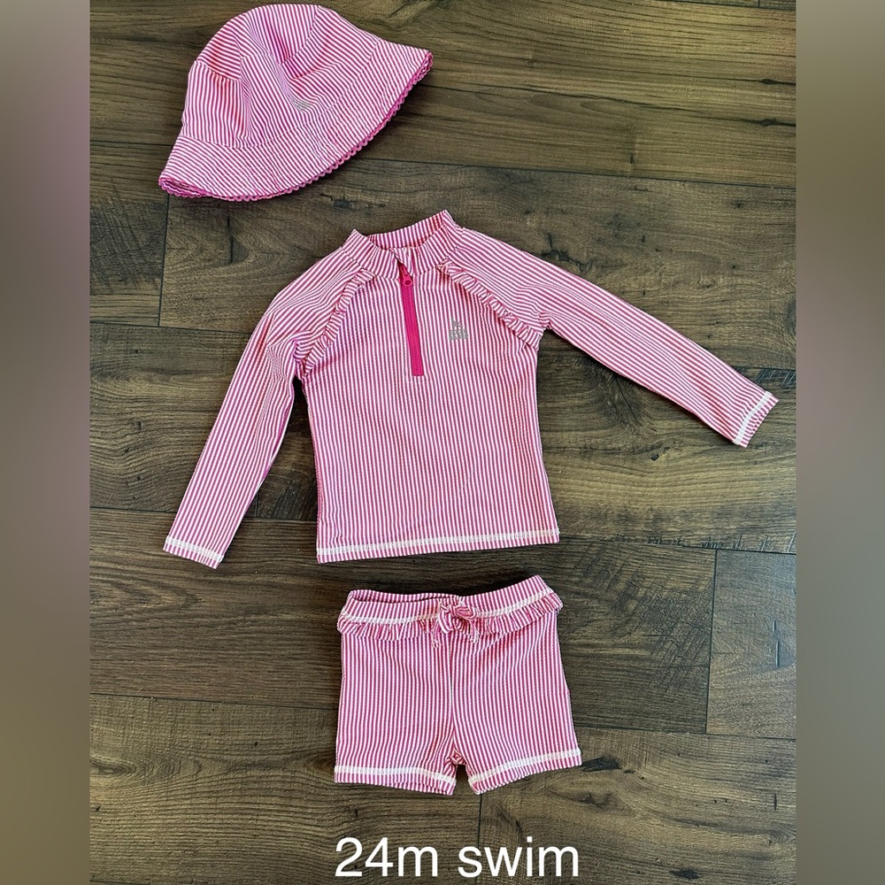 Eddie Bauer Pink & White Striped Kids Swim Rashguard Set with Hat